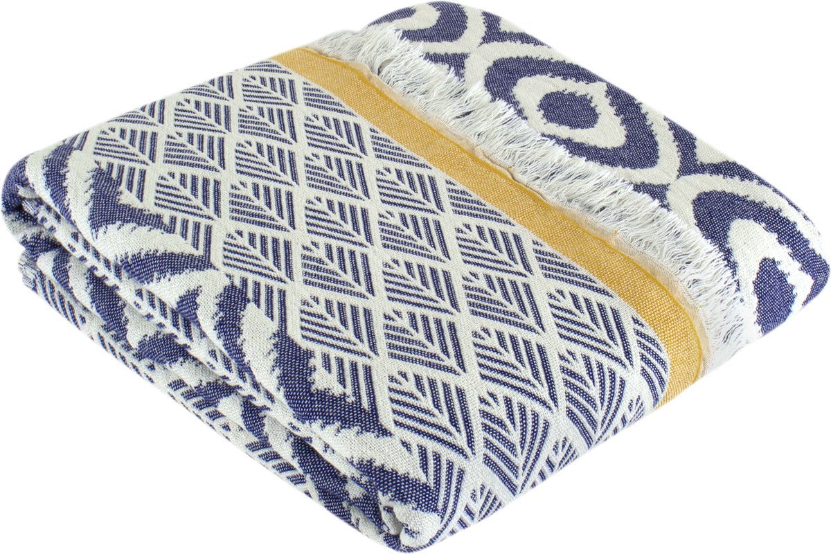 Trimita Asude plaid - 100% Turks katoen - 135x170 cm - blauw/geel
