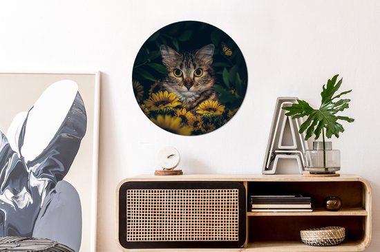 WallCircle - Cercle Mural - Cercle Mural - Chat - Jaune - Fleurs - Botanique - Aluminium - Dibond - 60x60 cm - Intérieur et Extérieur