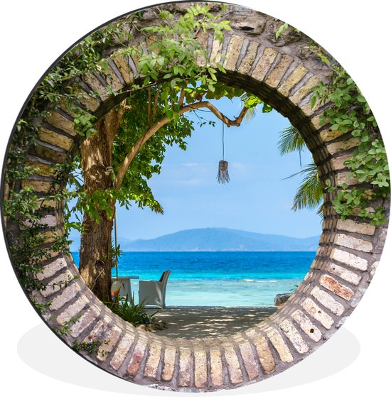 WallCircle - Wandcirkel - Muurcirkel - Strand - Doorkijk - Tropisch - Strandstoel - Aluminium - Dibond - ⌀ 60 cm - Binnen en Buiten