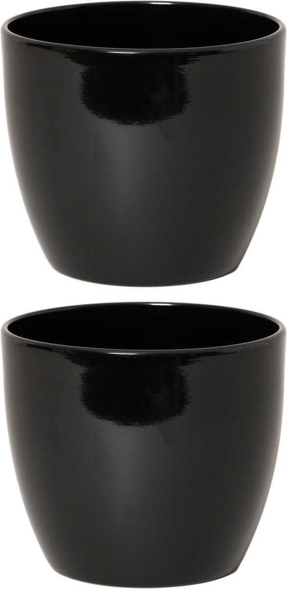 Floran Bloempot/plantenpot Boule - 2x - zwart - glans - keramiek - 17 x 15 cm