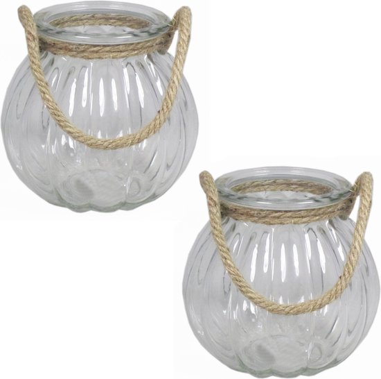Set van 3x stuks glazen ronde windlichten 2 liter met touw hengsel/handvat 14,5 x 14,5 cm - 2000 ml -Kaarsen - Waxinelichtjes.