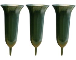 Grafvaas - 3x - groen - 26 cm - kunststof - Grafvazen grafkaarsen - bloemhouder voor grafmonument - bloemvaas voor grafsteen of gedenkplaats 26 cm