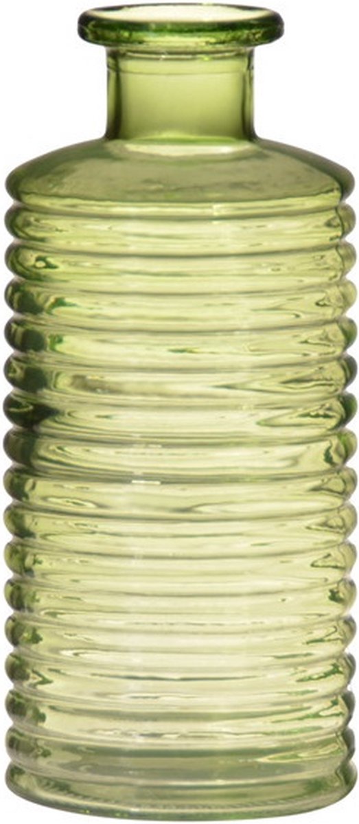 Hakbijl Glass Vaas - groen - transparant - geribbeld - 14 x 31 cm - vazen voor bloemen/kunstbloemen/boeketten