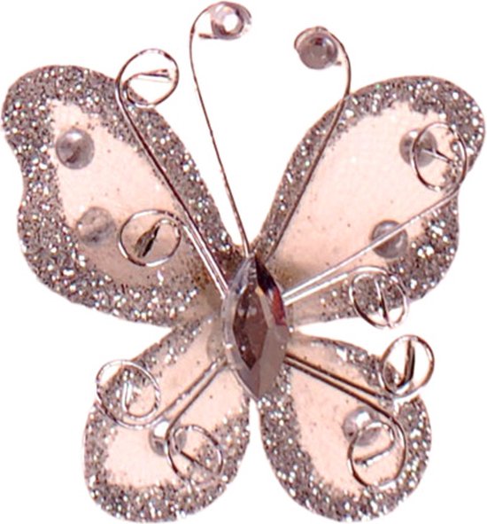 Haarklemmetje Vlinder Zilverkleurig met Organza, Steentjes en Glitters - 6x5cm