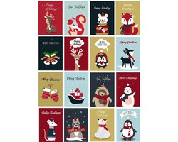 Kerstkaarten A6 - 32 kaarten - 4 zijdig / gevouwen - 16 designs verschillende designs - Wenskaarten Nieuw jaar - Incl. Sluitzegel & C6 Enveloppen