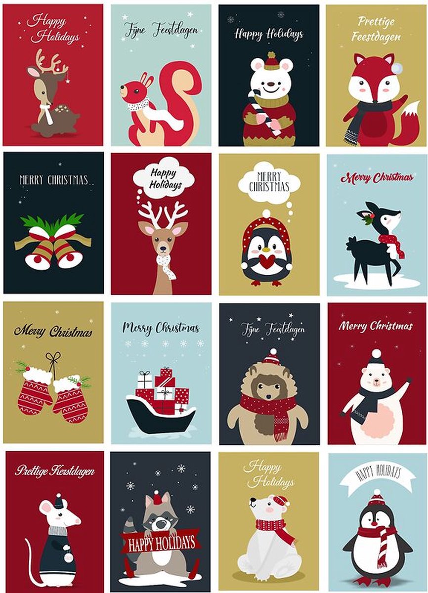 Kerstkaarten A6 - 32 kaarten - 4 zijdig / gevouwen - 16 designs verschillende designs - Wenskaarten Nieuw jaar - Incl. Sluitzegel & C6 Enveloppen