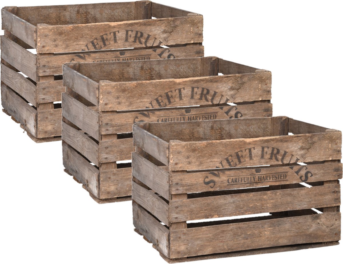Esschert Fruitkist - Set van 3x stuks - 42 x 51 x 30 cm - hout - opberg - krat - opbergkrat - Aardappel/appel kratjes/kistjes - Fruit opslagkist