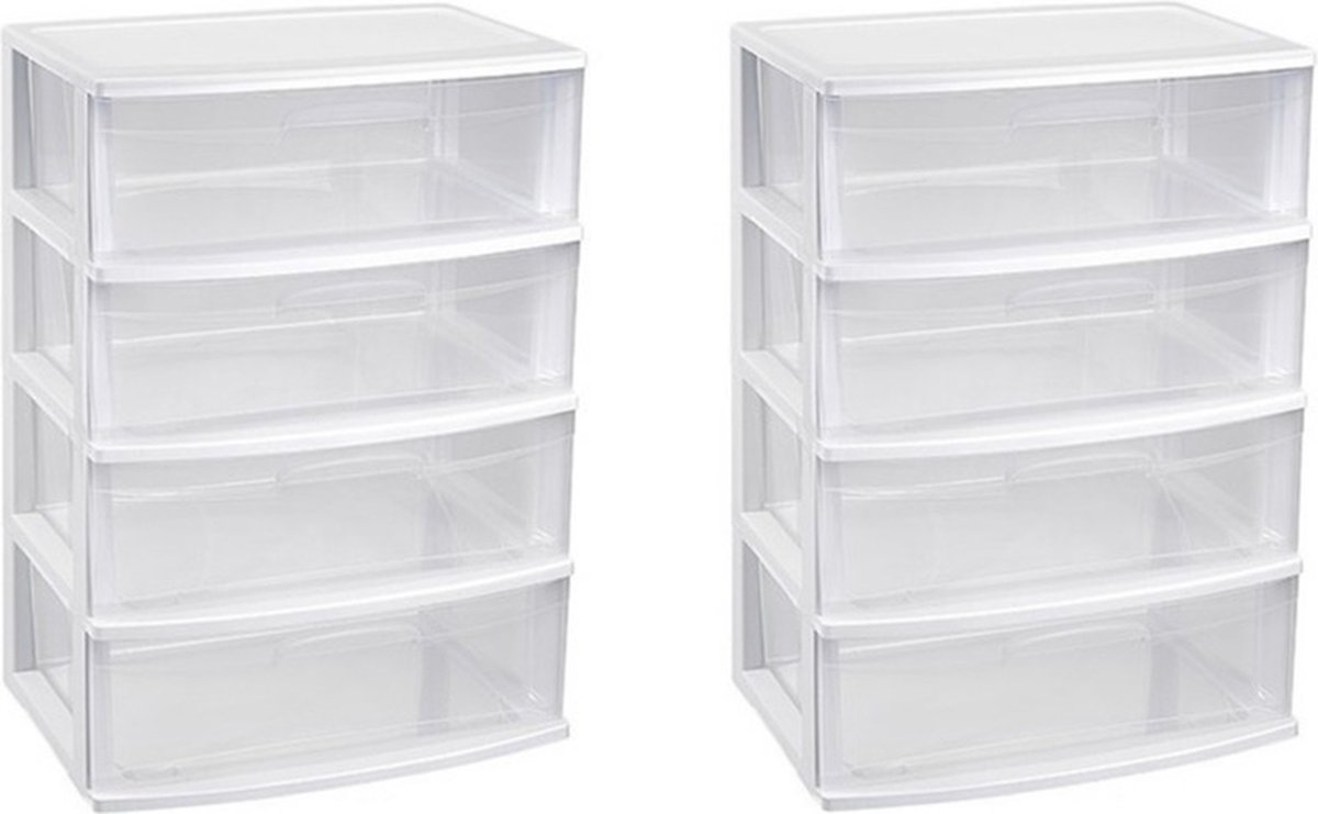 2x stuks ladekast/organizer met 4 lades wit/transparant - 40 x 56 x 80 cm - Ladekasten/organisers kantoor