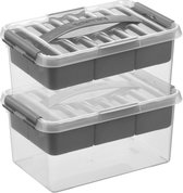 2x Sunware Q-Line opberg boxen/opbergdozen met vakverdeling/vakken tray 6 liter 30 x 20 x 14 cm kunststof - Gereedschapskist - Opslagbox - Opbergbak kunststof transparant/zilver