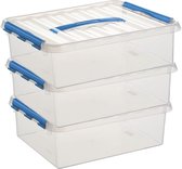 3x Sunware Q-Line opberg boxen/opbergdozen 12 liter 38 x 30 x 12 cm kunststof - A4 formaat opslagbox - Opbergbak kunststof transparant/blauw