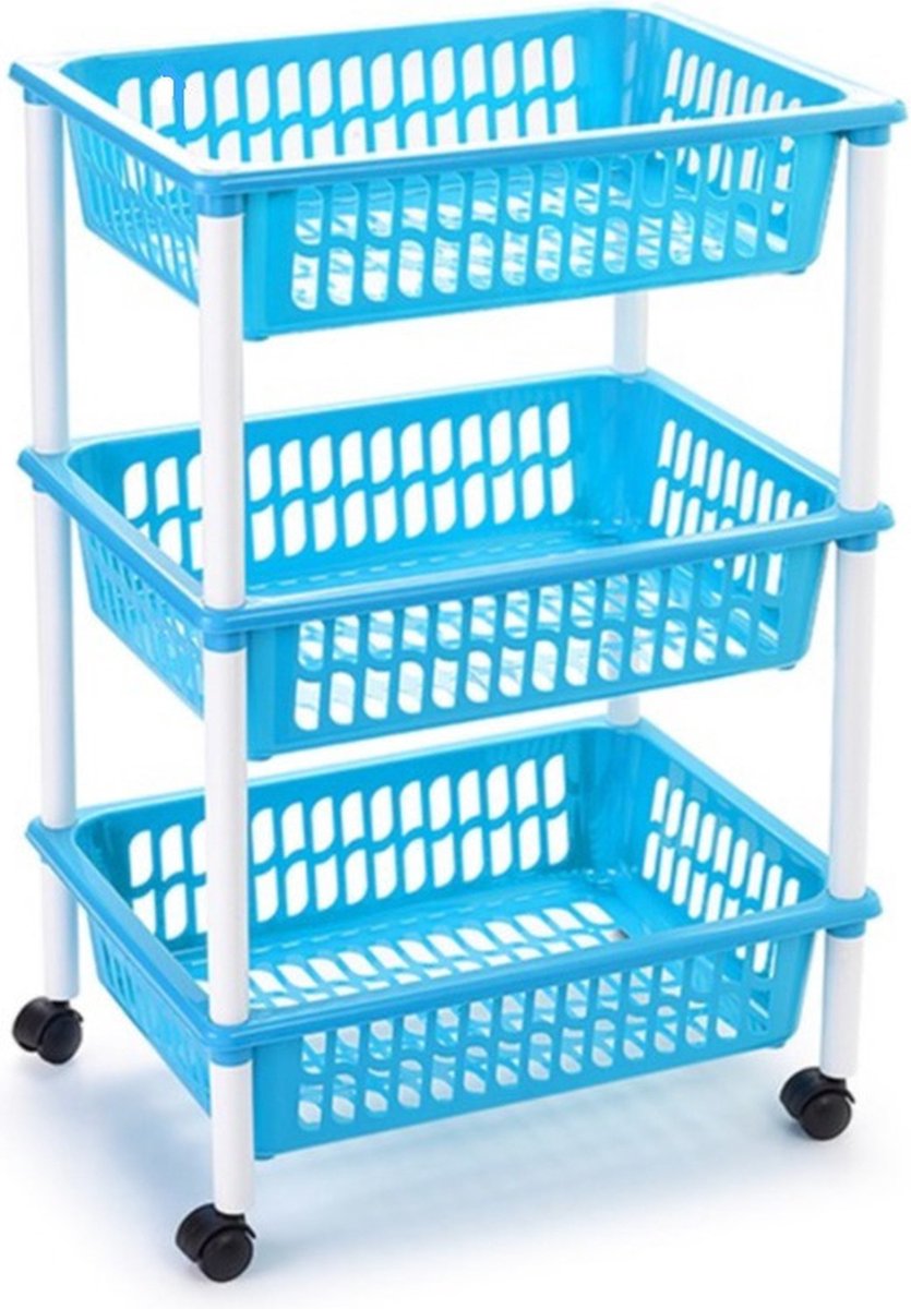 Opberg trolley/roltafel/organizer met 3 manden 40 x 30 x 615 cm wit/lichtblauw - Opberg trolley