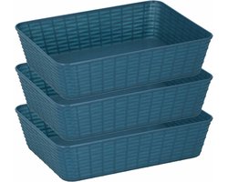 Edco Opbergmandjes - 3x - kunststof - blauw - 25 x 19 x 6 cm - mandje - rechthoekig