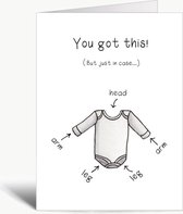 You got this! - zwangerschapskaart - geboortekaart - met envelop - zwanger - geboorte - baby - rompertje - handleiding - grappig - engels - humor