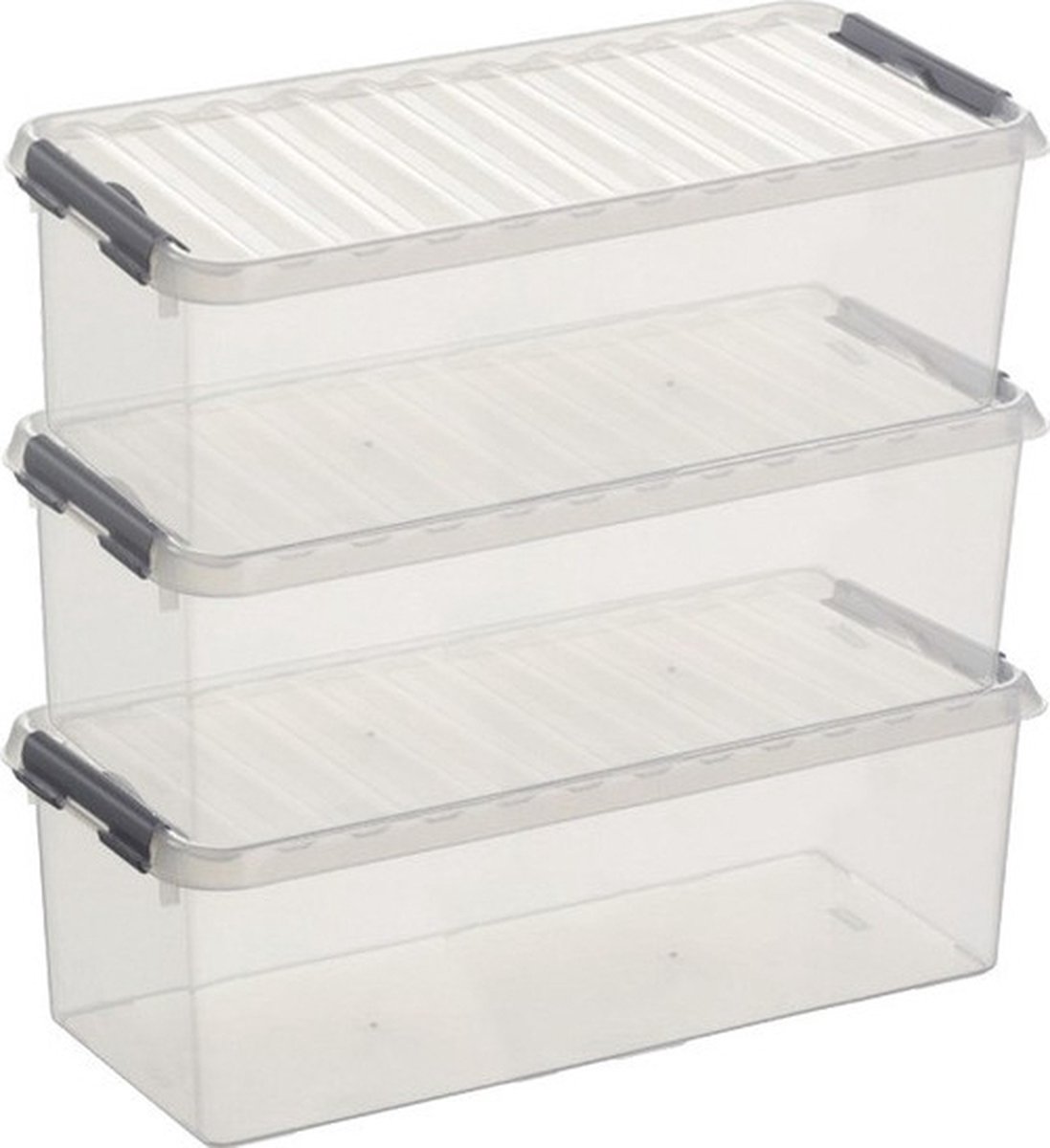 3x Sunware Q-Line opberg box/opbergdoos 9,5 liter 48,5 x 19 x 14,7 cm kunststof - Langwerpige/smalle opslagbox - Opbergbak kunststof transparant/zilver