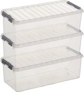3x Sunware Q-Line opberg box/opbergdoos 9,5 liter 48,5 x 19 x 14,7 cm kunststof - Langwerpige/smalle opslagbox - Opbergbak kunststof transparant/zilver