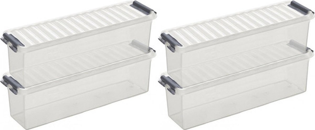 Sunware 4x sunware q-line opberg box/opbergdoos - 1.3 liter - 27 x 8 x 9 cm - kunststof - opslagbox - transparant/zilver