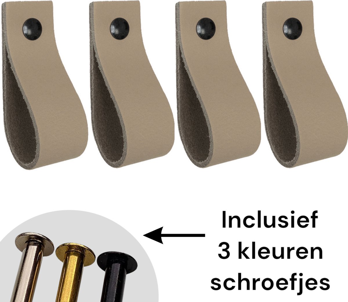 Leren lusjes - Taupe - 4 stuks - incl. 3 kleuren schroefjes (leren handgrepen - leren handgreepjes - leren greepjes)