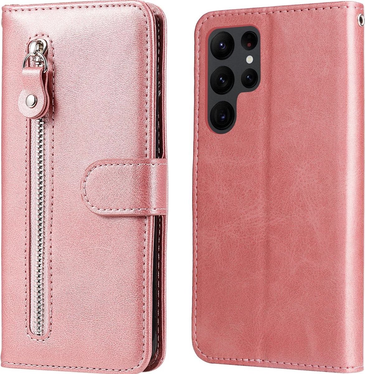 Mobigear Telefoonhoesje geschikt voor Samsung Galaxy S23 Ultra Hoesje | Mobigear Zipper Bookcase Portemonnee | Pasjeshouder voor 3 Pasjes | Telefoonhoesje voor Pinpas / OV Kaart / Rijbewijs - Roségoud