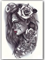 GlittersXL - Temporary Tattoo Vrouw/Klok/Rozen (A5 formaat) [Neptattoo - Tijdelijke tatoeage - Nep Fake Tattoos - Water overdraagbare festival sticker henna outfit tattoo - Glitter tattoo - Volwassenen Kinderen Jongen Meisje]