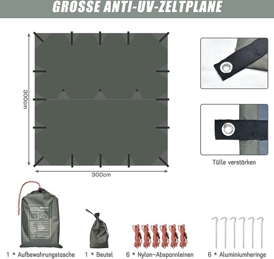 VOSOIR Tarp Camping 3 x 3 m, ultra léger, imperméable, protection UV