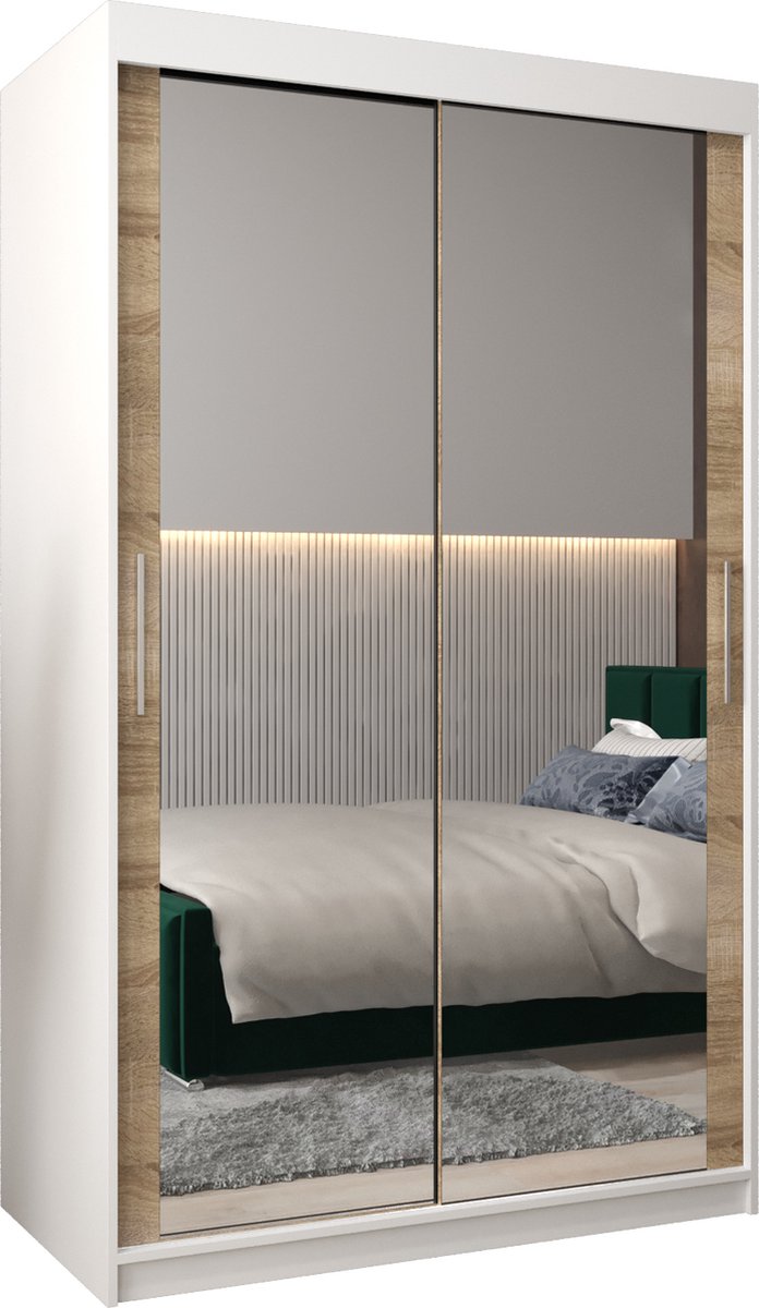 InspireME Kledingkast met 2 schuifdeuren, Modern-stijl, Kledingkast met planken (BxHxD): 120x200x62 - TORM III 120 Wit Mat + Sonoma Eik