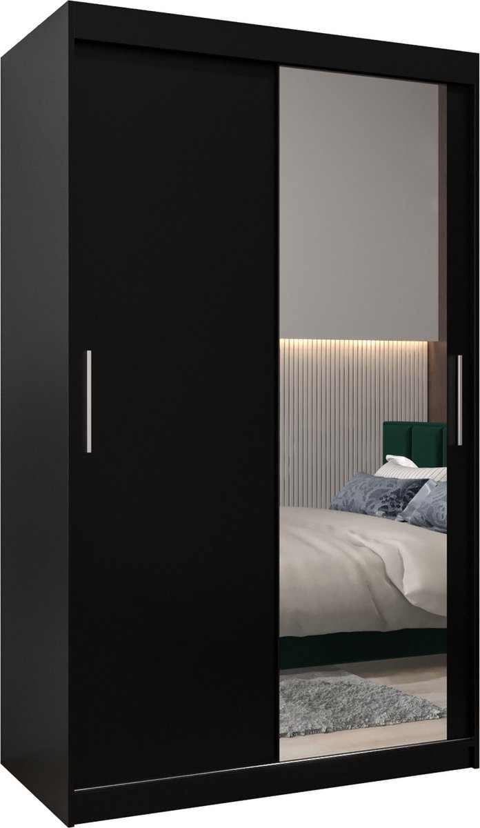 InspireME Kledingkast met 2 schuifdeuren, Modern-stijl, Kledingkast met planken (BxHxD): 120x200x62 - TORM II 120 Zwart Mat met 2 lades
