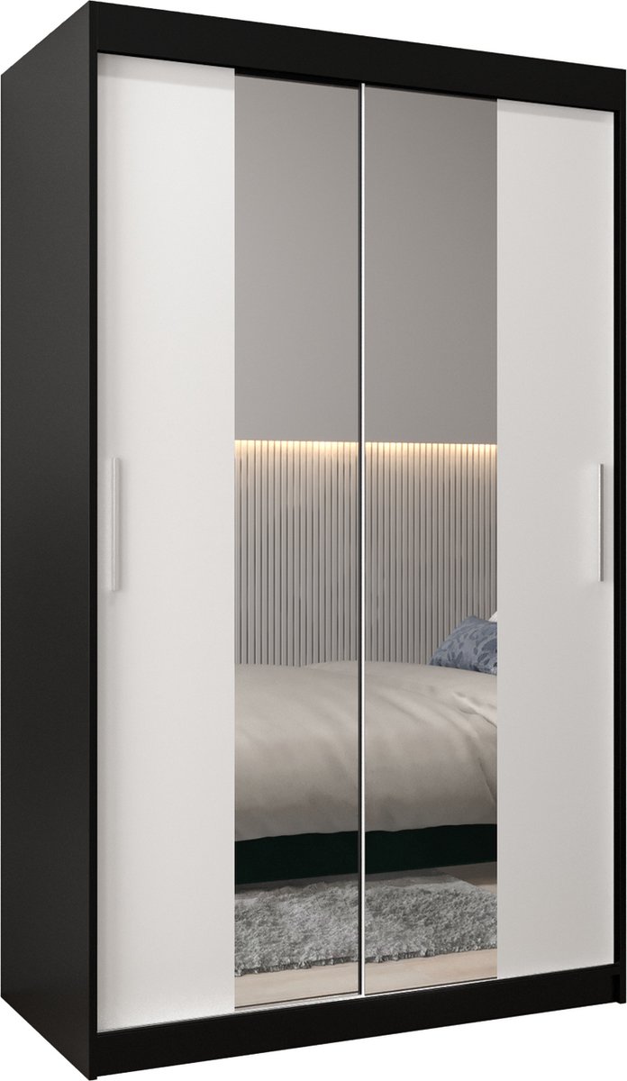 InspireME Kledingkast met 2 schuifdeuren, Modern-stijl, Kledingkast met planken (BxHxD): 120x200x62 - TORM I 120 Zwart Mat + Wit Mat