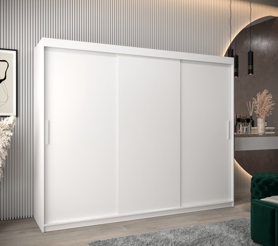 InspireMe - Armoire avec 3 portes coulissantes, Style moderne, Armoire avec étagères (LxHxP): 250x200x62 - TORM 250 Wit Mat
