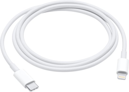 Witte Apple USB-C naar Lightning kabel, opgerold.
