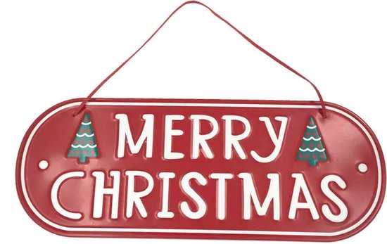Rood kerstbord met de tekst 'Merry Christmas' in witte letters, versierd met twee kerstboompjes.