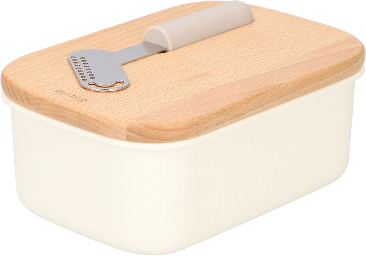HOMLA EASY COOK botervloot met deksel - boterbel botervlootbox voor botervloot - kunststof hout RVS wit 17x11 cm