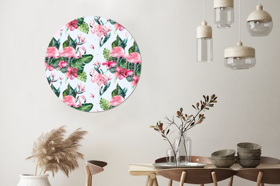 WallCircle - Stickers muraux - Cercle de papier peint - Flamingo - Fleurs - Feuilles - Motif - 100x100 cm - Cercle mural - Autocollant - Autocollant de papier peint rond XXL