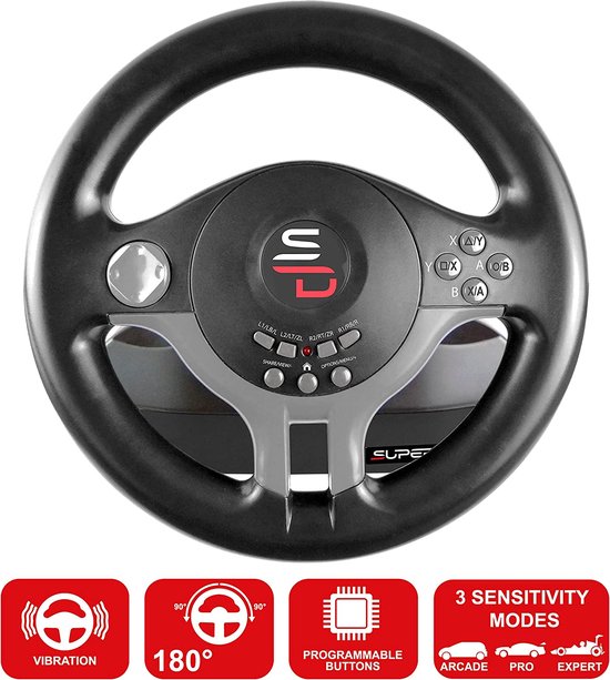 Zwart gaming stuurwiel met pedalen, merk Superdrive. Met iconen voor "Vibration", "180°" en "3 sensitivity modes".