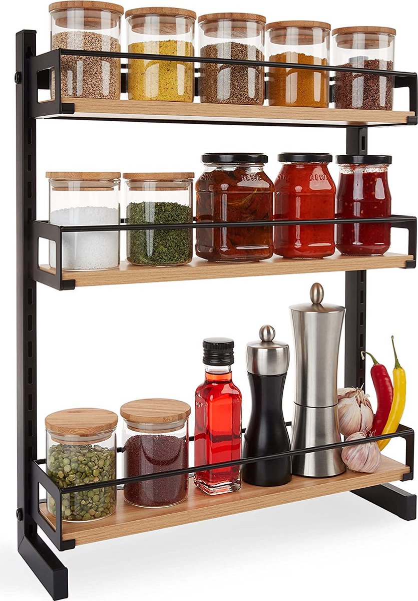 NETEL Kruidenrek, staand keuken, kruidenorganizer voor werkblad, 2 etages, kruidenstandaard, zwart