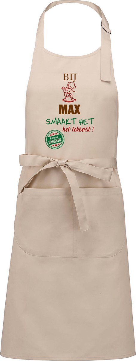 Naamcadeau - Naamschort - Keukenschort met je naam - BBQ schort - verjaardag - vaderdag - beige - het smaakt het lekkerst bij: Max