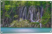WallClassics - Tuinposter – Prachtige Waterval in het Bos - 90x60 cm Foto op Tuinposter  (wanddecoratie voor buiten en binnen)
