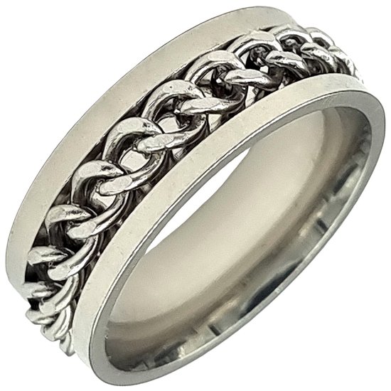 Gedetailleerde zilverkleurige stalen ring met een gedraaide schakelketting in het midden.