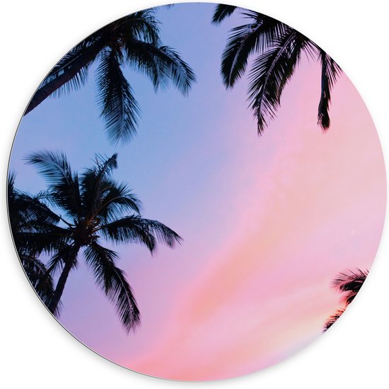 WallClassics - Dibond Muurcirkel - Silhouet van Palmbomen bij Pastekleuren in de Lucht - 100x100 cm Foto op Aluminium Muurcirkel (met ophangsysteem)