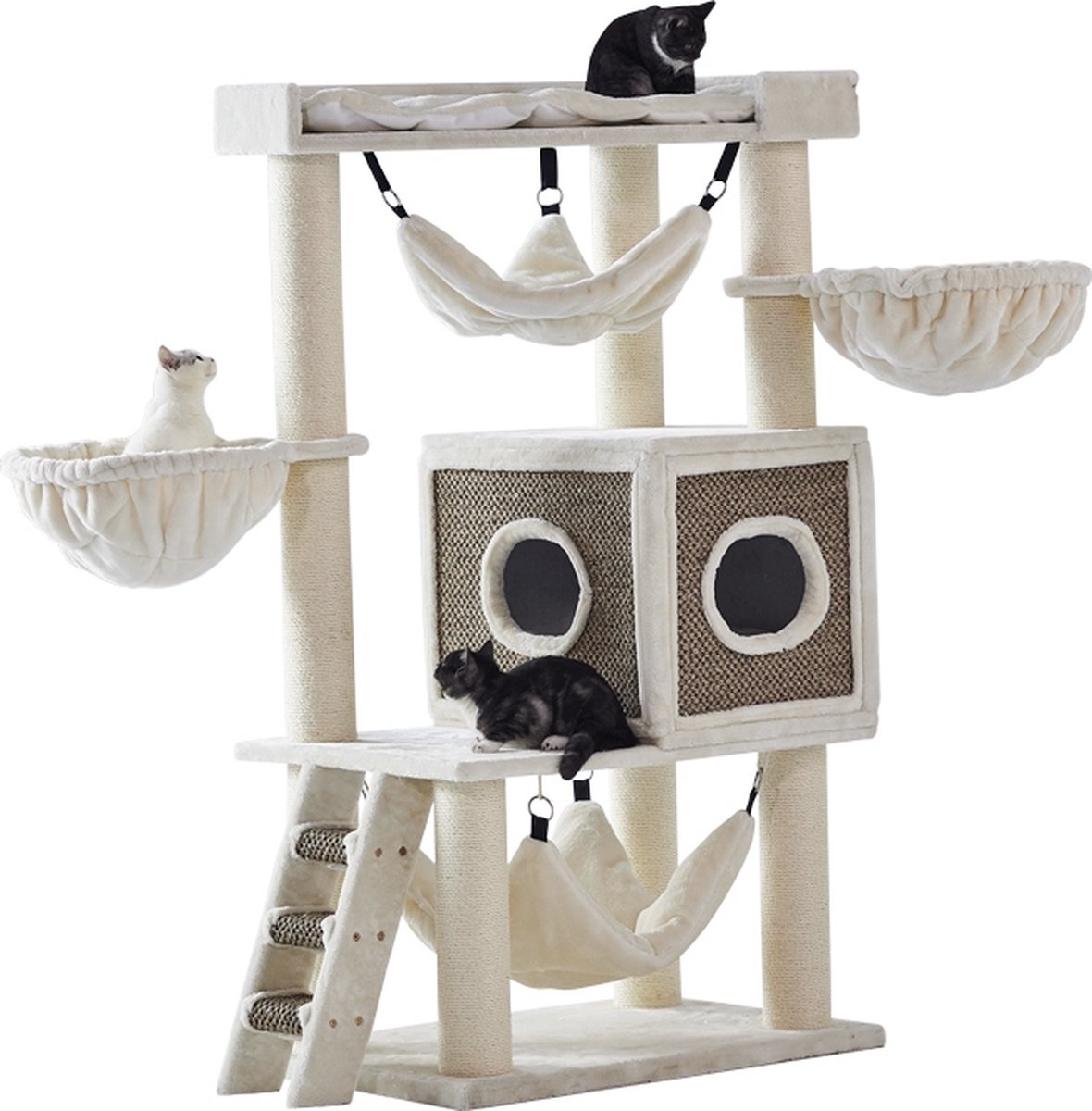 Nobby Krabmeubel Juan – Krabpaal – Huisje – XXL – Touw – Hangmat – Creme – Beige – Grote Kat – Zware Kat – Maine Coon – 80 X 50 X 166 CM