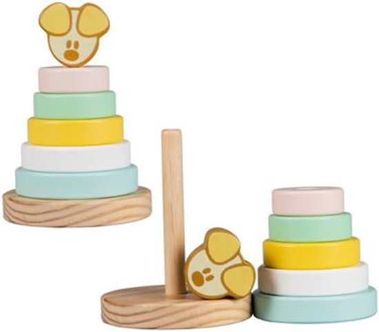 Twee houten stapeltorens met pastelkleurige ringen en hondenkopjes, één met staaf.