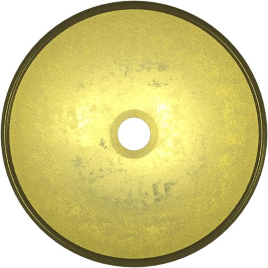 Vue de dessus d'une vasque ronde en verre trempé doré avec une ouverture centrale.