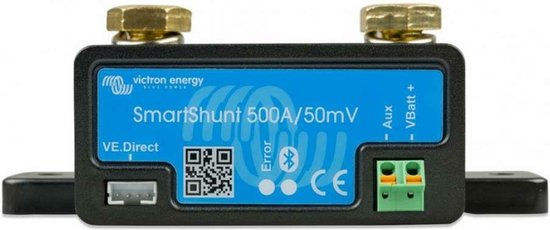 Victron SmartShunt 500A/50mV avec étiquette bleue et connecteurs en laiton.