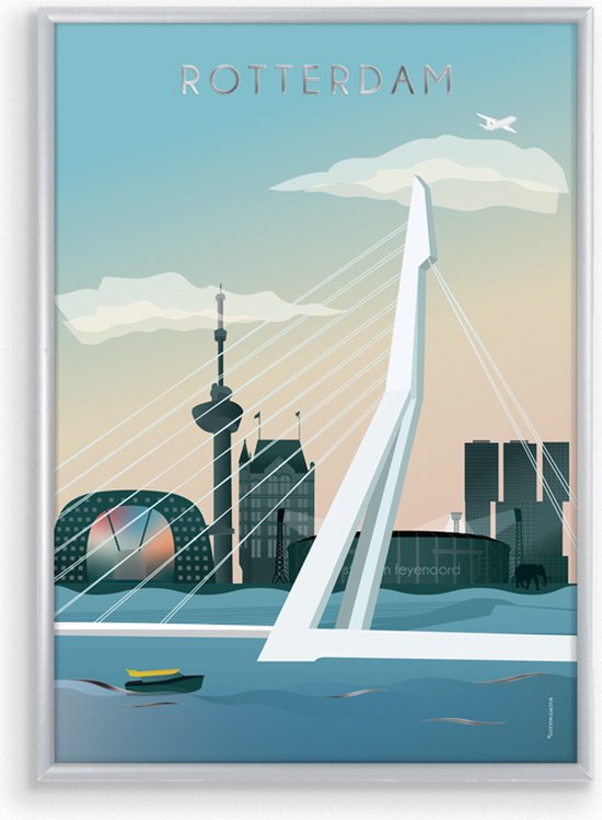 Skyline Poster Rotterdam Gekleurd met Glanslaag in Zilveren Lijst