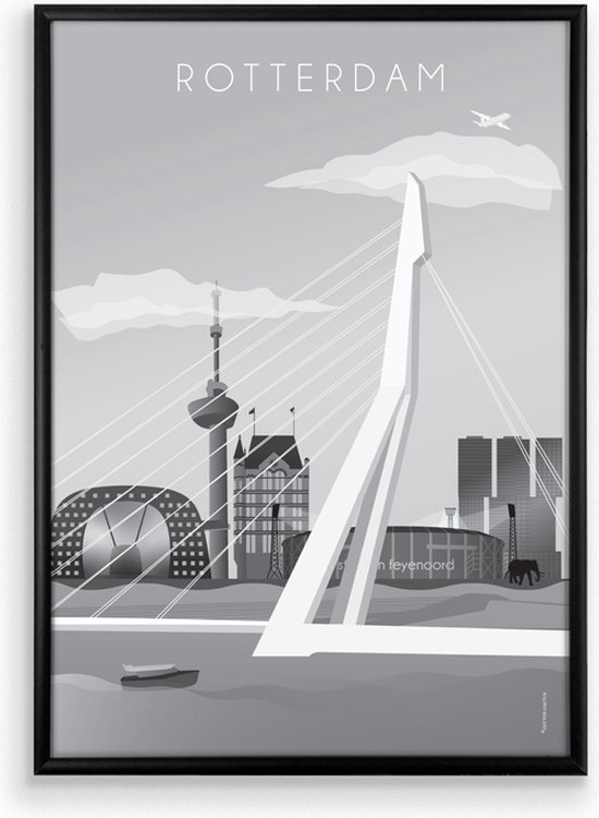 Skyline Poster Rotterdam Zwart-Wit in Zwarte Lijst