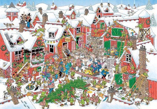 Puzzel van een winterdorp van de Kerstman, vol kerstelfen die met kerstbomen en versieringen bezig zijn. Veel details en kleurrijke figuren.