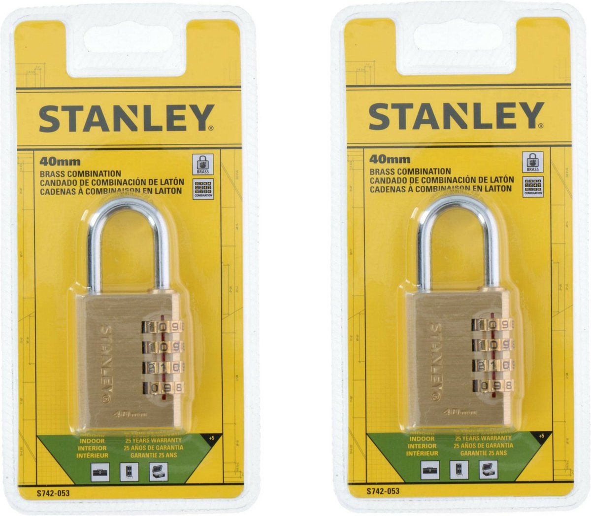 Stanley - Hangslot - 4 cijferslot - 2x stuks - 40 mm - metaal - 9 x 19 cm