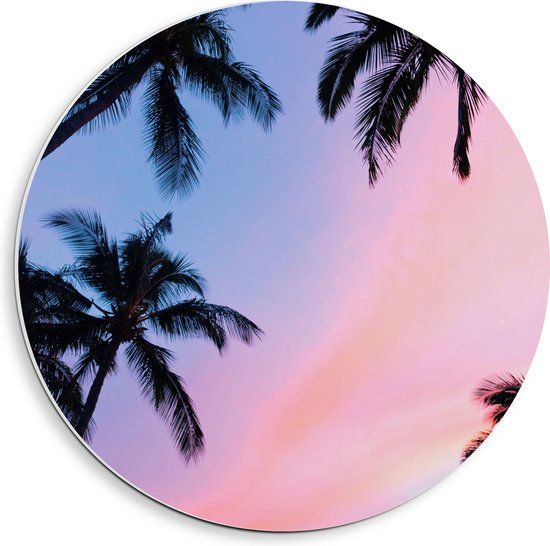 WallClassics - PVC Schuimplaat Muurcirkel - Silhouet van Palmbomen bij Pastekleuren in de Lucht - 40x40 cm Foto op Muurcirkel (met ophangsysteem)