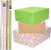 8x Rollen transparant folie/inpakpapier pakket - groen/bruin/wit met hartjes 200 x 70 cm - cadeau/kaften/verzendpapier/cellofaan