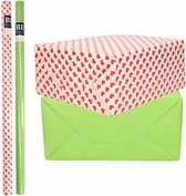 4x Rouleaux de papier cadeau kraft amour/paquet de coeurs rouges - vert 200 x 70 cm - papier cadeau/d'expédition
