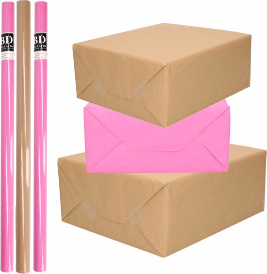 Foto: 10x rollen kraft inpakpapier kaftpapier pakket bruin roze 200 x 70 cm cadeaupapier verzendpapier kaftpapier